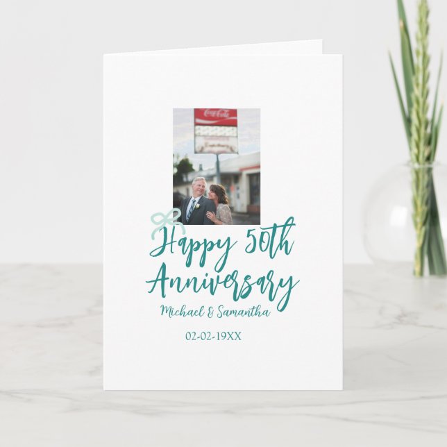 Happy 50th anniversary photo turquoise bow name da card (Front)