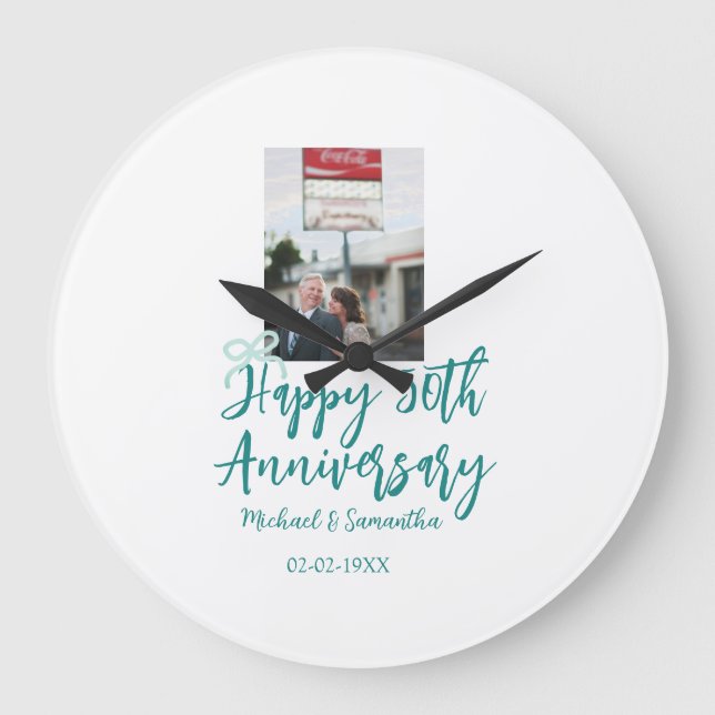 Happy 50th anniversary photo turquoise bow name da large clock (Front)