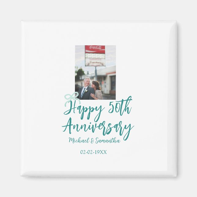 Happy 50th anniversary photo turquoise bow name da magnet (Front)