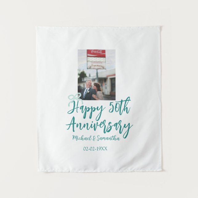 Happy 50th anniversary photo turquoise bow name da tapestry (Front)