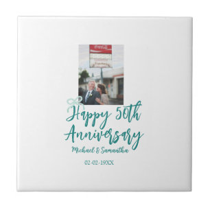 Happy 50th anniversary photo turquoise bow name da tile
