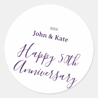 Happy 50th anniversary purple name year simple  classic round sticker