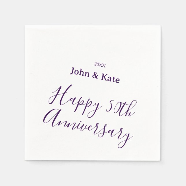 Happy 50th anniversary purple name year simple  napkin (Front)