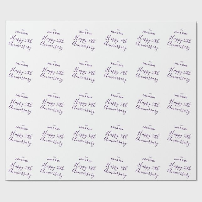 Happy 50th anniversary purple name year simple  wrapping paper (Flat)