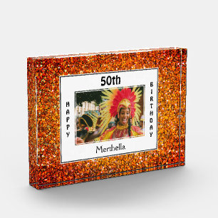 Happy 50th Birthday    ANY AGE   RED Glitter Photo Block