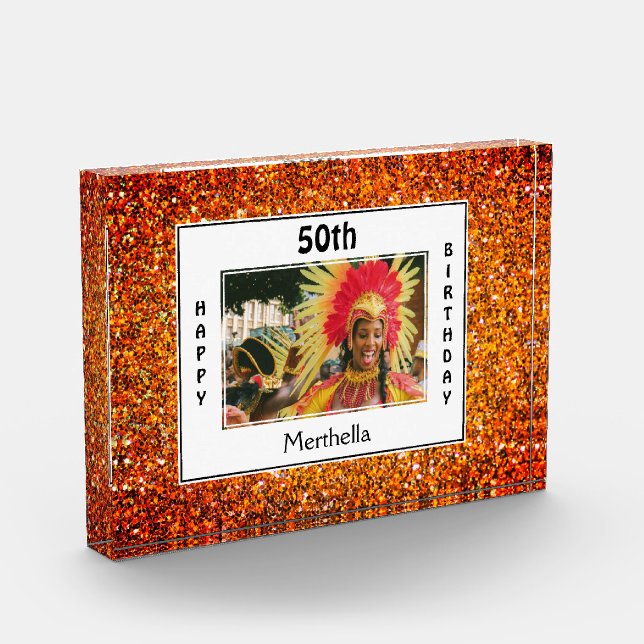 Happy 50th Birthday  | ANY AGE | RED Glitter Photo Block (Left)