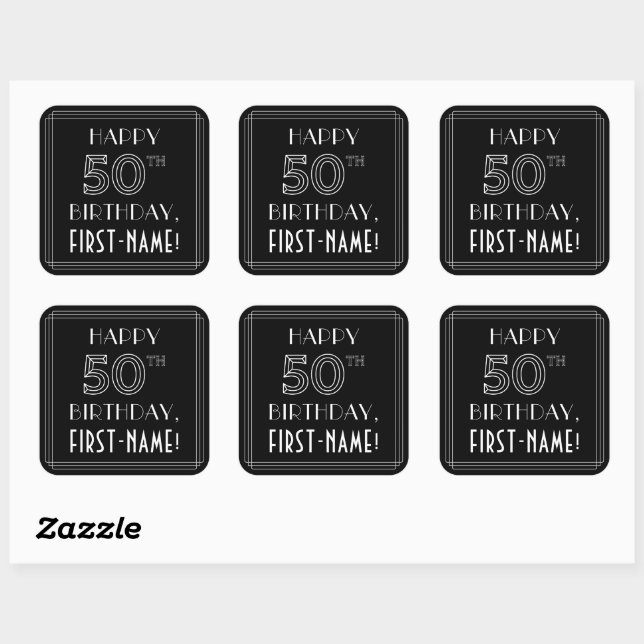 HAPPY 50TH BIRTHDAY; Art Deco Style; Custom Name Square Sticker (Sheet)