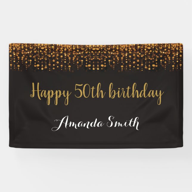 Happy 50th Birthday Banner. Black and Gold Glitter Banner (Horizontal)