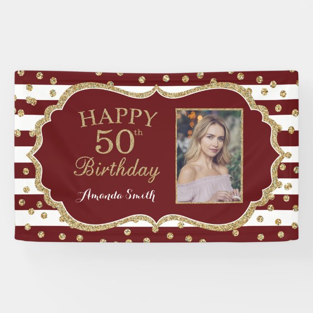 Happy 50th Birthday Banner Burgundy and Gold Photo (Horizontal)