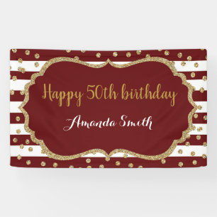 Happy 50th Birthday Banner Burgundy Gold Glitter