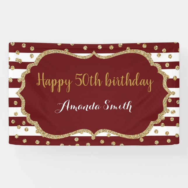 Happy 50th Birthday Banner Burgundy Gold Glitter (Horizontal)