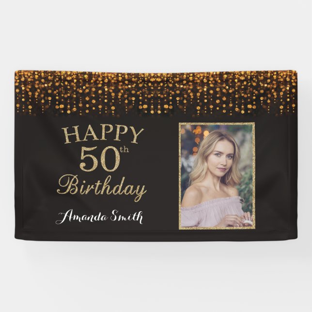 Happy 50th Birthday Banner. Gold Glitter Photo Banner (Horizontal)