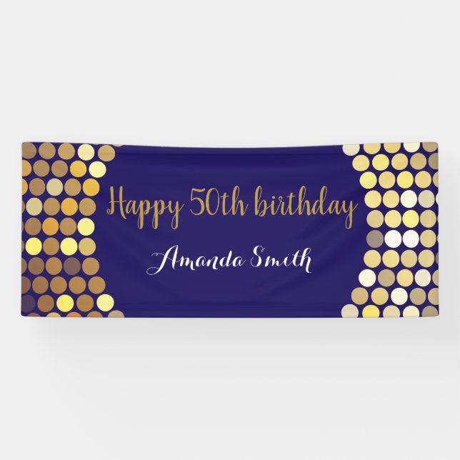 Happy 50th Birthday Banner Navy Blue Gold Glitter (Horizontal)
