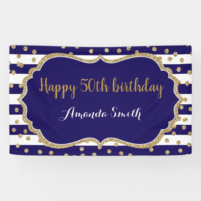 Happy 50th Birthday Banner. Navy Blue Gold Glitter Banner (Horizontal)