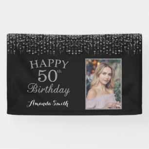 Happy 50th Birthday Banner. Silver Glitter Photo Banner