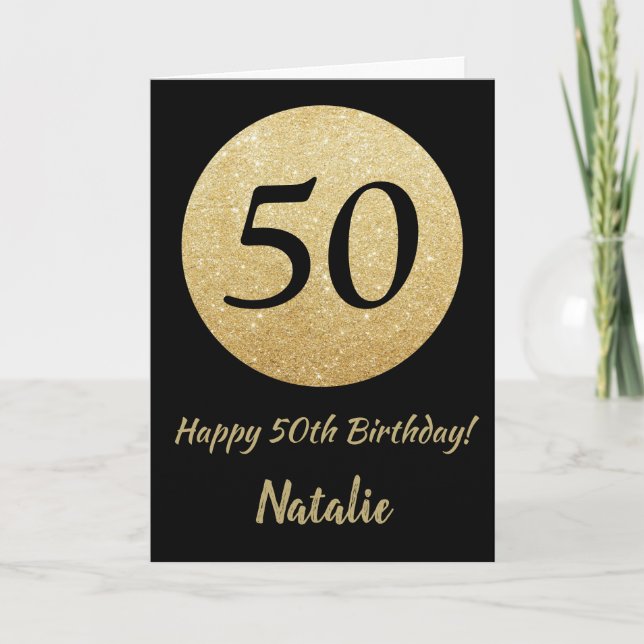 Happy 50th Birthday Black and Gold Glitter Card (Front)