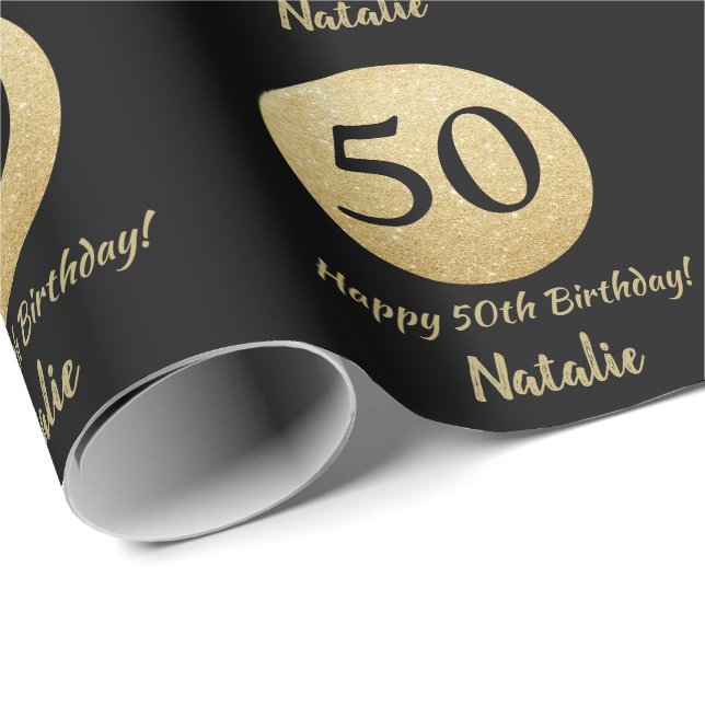 Happy 50th Birthday Black and Gold Glitter Wrapping Paper (Roll Corner)