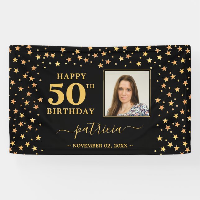 Happy 50th Birthday Black And Gold Stars Photo Banner (Horizontal)