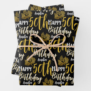 Happy 50th Birthday Black Gold Foliage Wrapping Paper Sheet