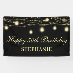Happy 50th Birthday Black Gold Lights Mason Jars Banner