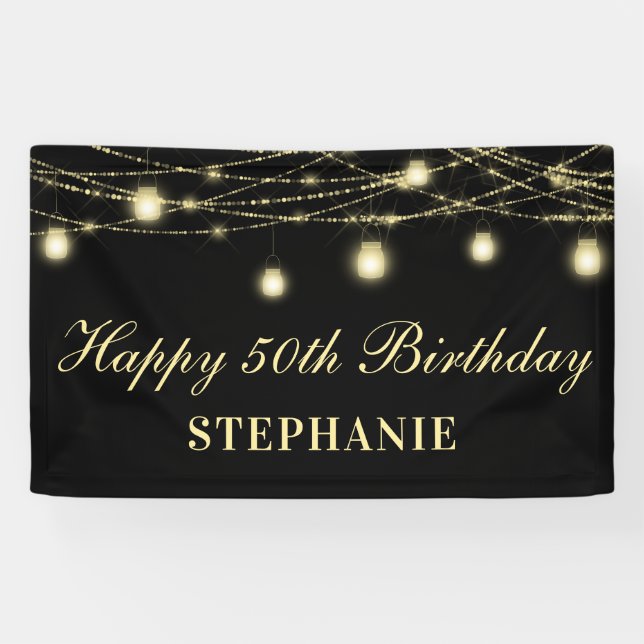 Happy 50th Birthday Black Gold Lights Mason Jars Banner (Horizontal)