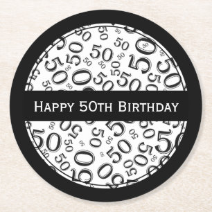 "Happy 50th Birthday" Black/White Party Theme Rnd Round Paper Coaster
