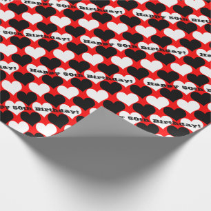 Happy 50th Birthday Black/White/Red Hearts Wrapping Paper