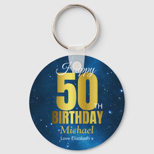 Happy 50th Birthday Blue Gold Key Ring (Front)