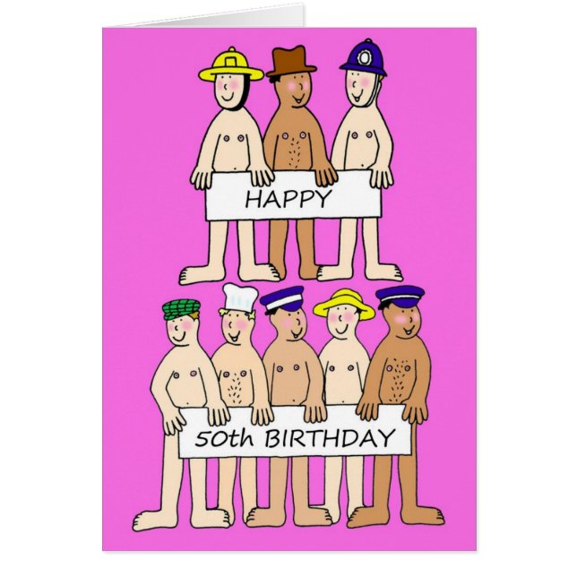 Happy 50th Birthday, Cartoon Men Humour. (Front)