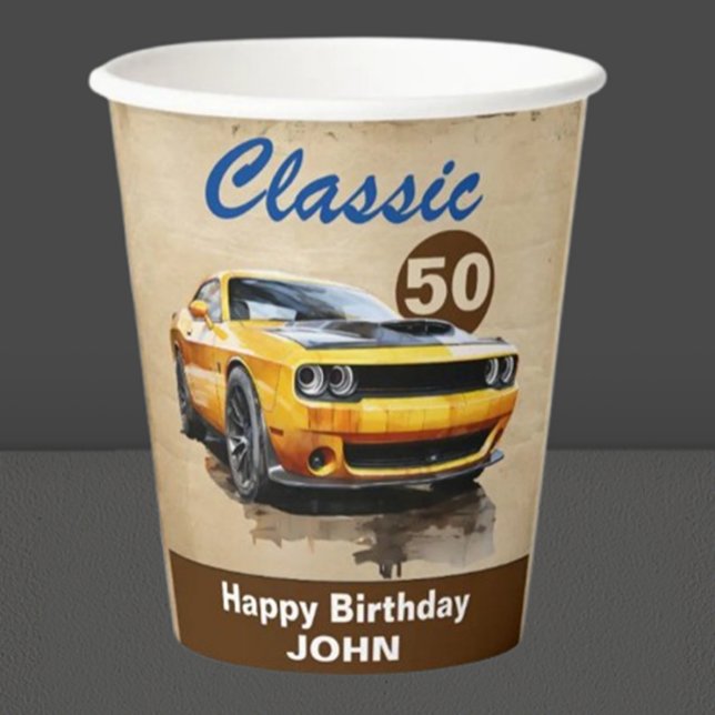 happy 50th birthday Classic Muscle Car Paper Cups (Celebrate a milestone with our stunning 50th Birthday Classic Yellow Muscle Car)
