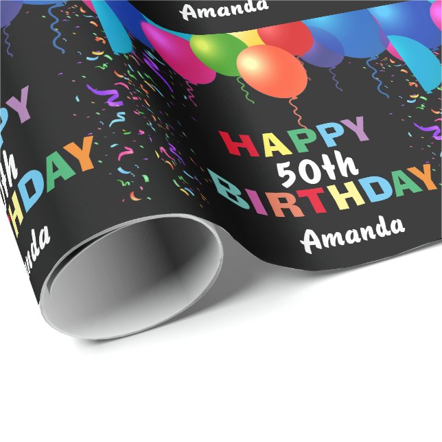 Happy 50th Birthday Colourful Balloons Black Wrapping Paper (Roll Corner)