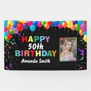 Happy 50th Birthday Colourful Balloons Confetti Banner