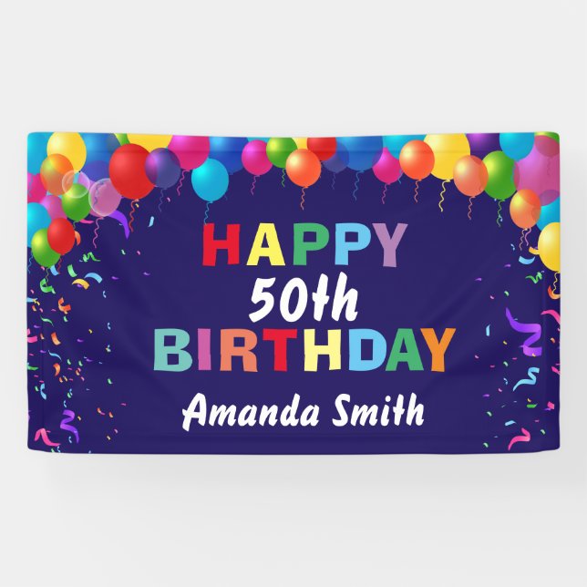 Happy 50th Birthday Colourful Balloons Navy Blue Banner (Horizontal)