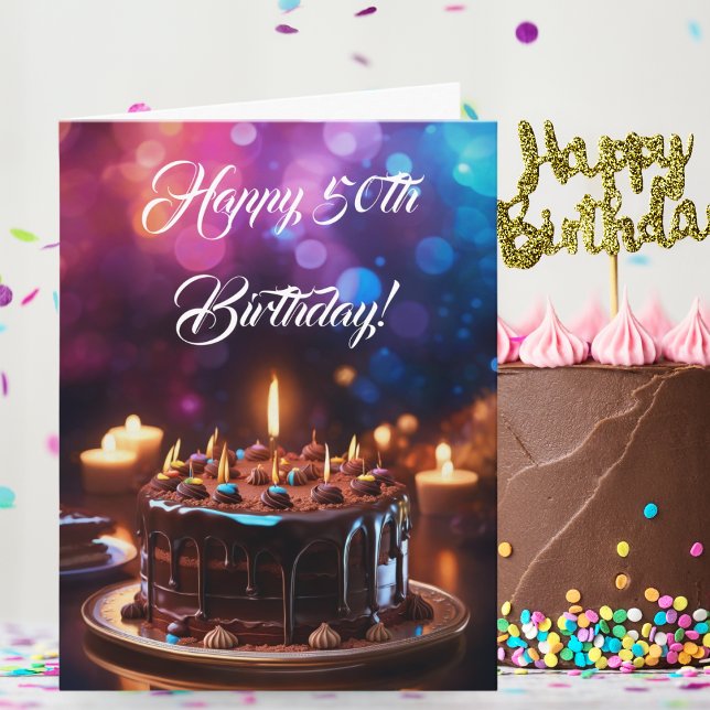 Happy 50th Birthday Colourful Chocolate Cake  Card (Celebrating 50 Years: Indulge in Decadence with Chocolate Delight Cake.)