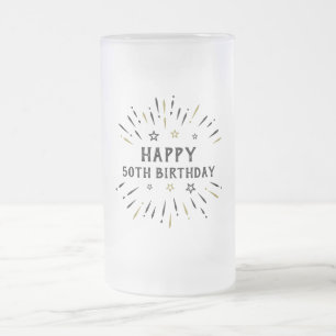 Happy 50th Birthday Fireworks Black And Gold Frosted Glass Beer Mug