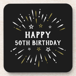 Happy 50th Birthday Fireworks Black White Gold Coaster