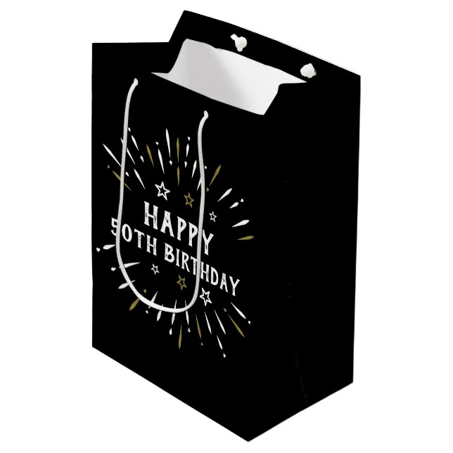 Happy 50th Birthday Fireworks Black White Gold Medium Gift Bag (Front Angled)