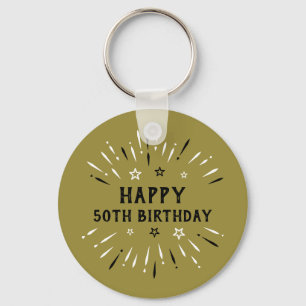 Happy 50th Birthday Fireworks Gold Black White Key Ring