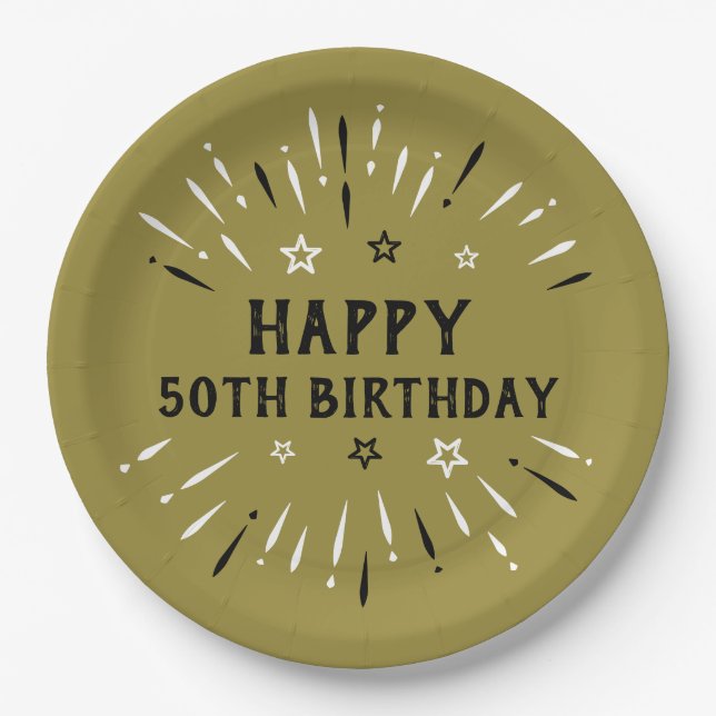 Happy 50th Birthday Fireworks Gold Black White Paper Plate (Front)