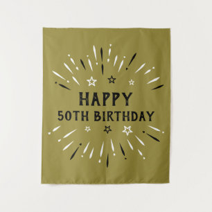 Happy 50th Birthday Fireworks Gold Black White Tapestry