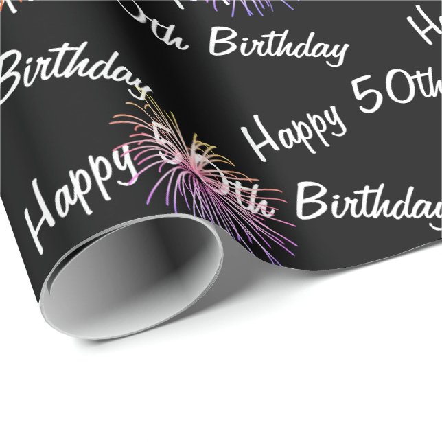 Happy 50th Birthday fireworks on black Wrapping Paper (Roll Corner)