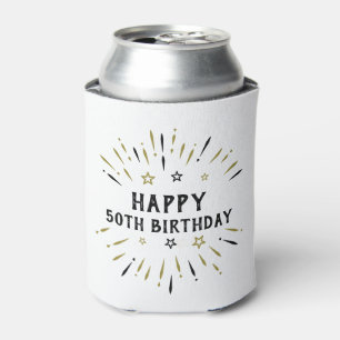 Happy 50th Birthday Fireworks White Black Gold Can Cooler