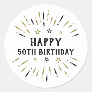 Happy 50th Birthday Fireworks White Black Gold Classic Round Sticker