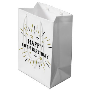 Happy 50th Birthday Fireworks White Black Gold Medium Gift Bag