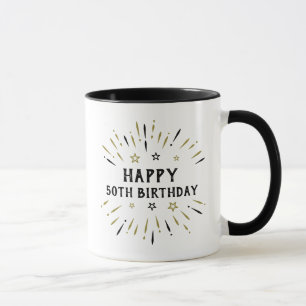 Happy 50th Birthday Fireworks White Black Gold Mug