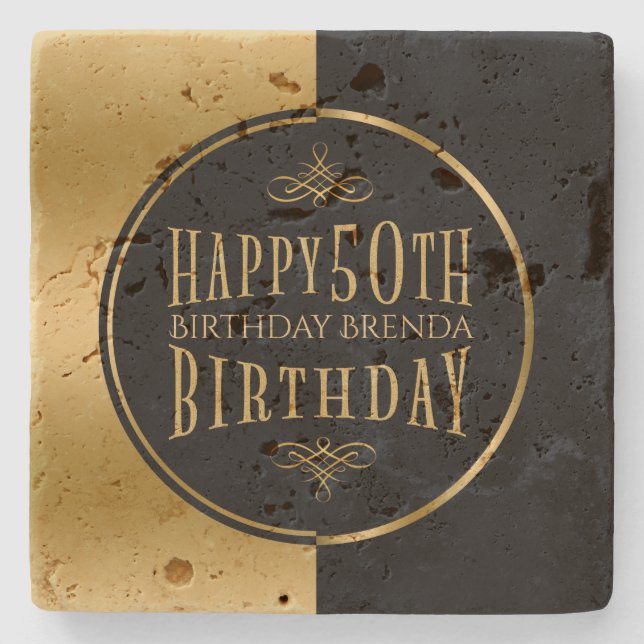 Happy 50th Birthday-Geometric Black & Gold Stone Coaster (Front)