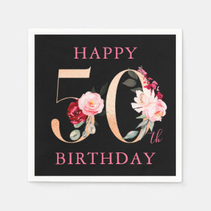 Happy 50th Birthday Gold Black Floral Party Napkin