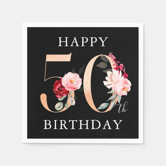 Happy 50th Birthday Gold Black Floral Party  Napkin (Front)