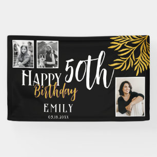 Happy 50th Birthday Gold Foliage 3 Photo Backdrop Banner