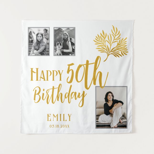 Happy 50th Birthday Gold Foliage 3 Photo Backdrop Tapestry (Front)